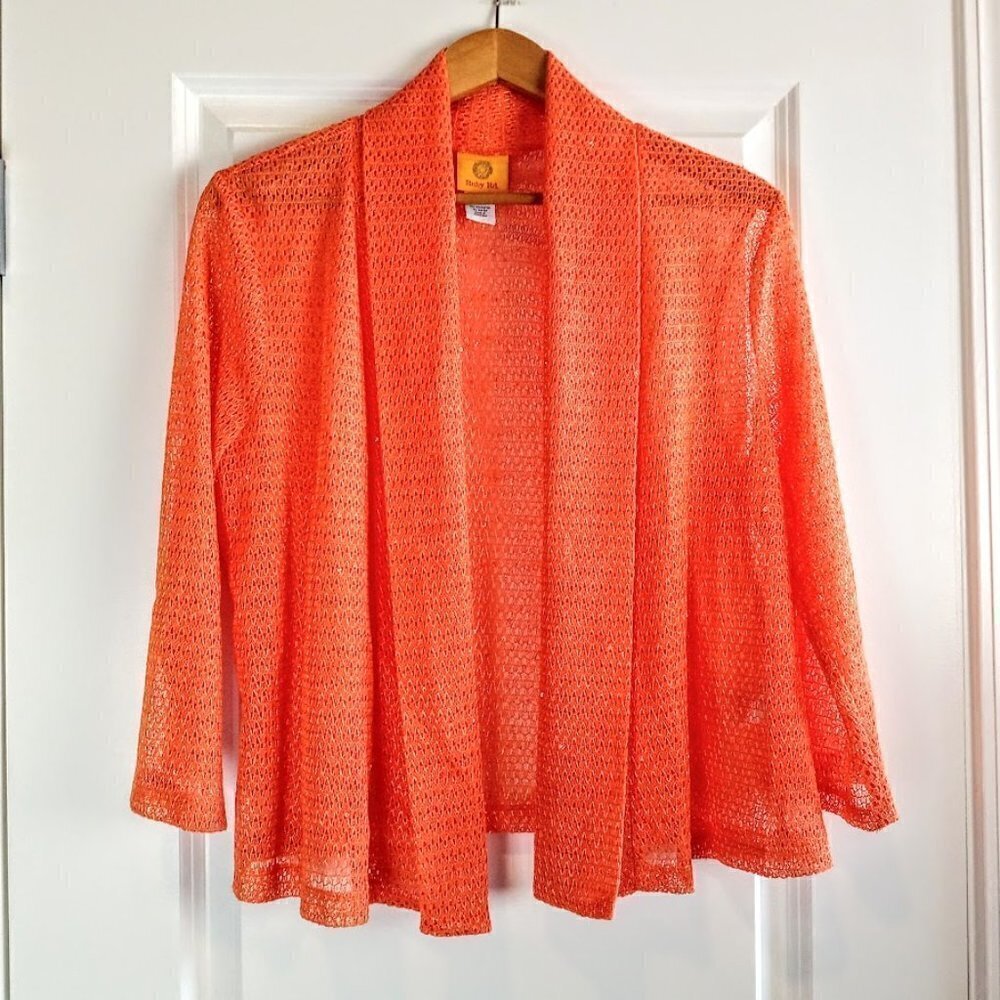 Ruby Rd. Tangerine Orange Open Mesh Weave Cardigan - Picture 2 of 7